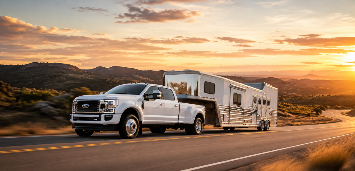 White Ford Super Duty Dually Towing A Trailer At Sunset